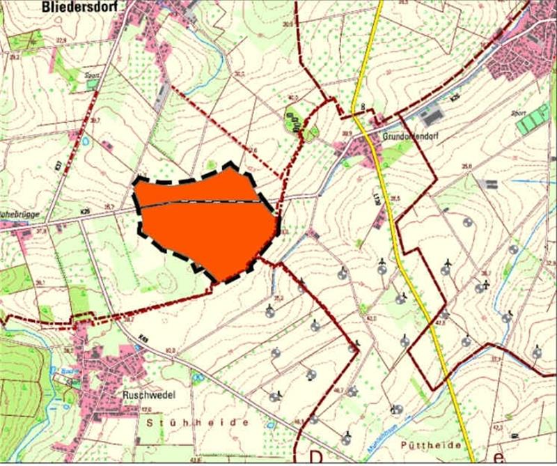 Mitsprache sichern beim Ausbau der Windkraft. In diesem Bereich gilt die Veränderungssperre (orange) nördlich und südlich der K26 zwischen Bliedersdorf-Hohebrügge und Grundoldendorf. Karte: Gemeinde Bliedersdorf