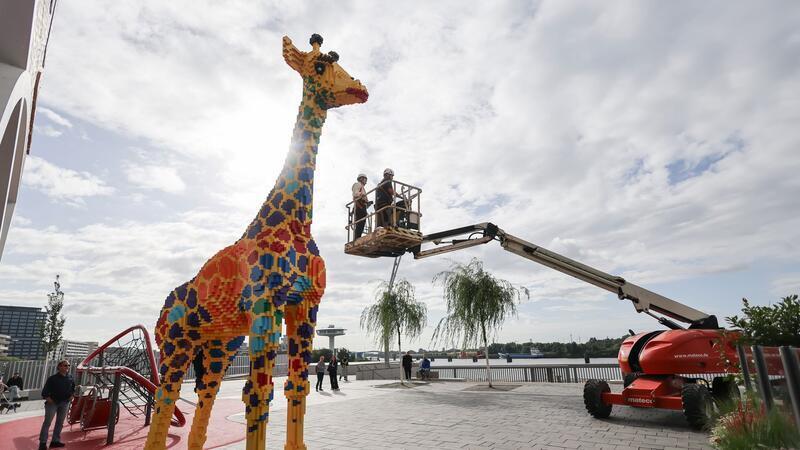 Modellbauer haben eine Giraffe im Hamburger Überseequartier aufgestellt.