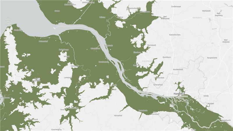 Möglicher Küstenschutzbedarf zum Ende des Jahrhunderts: Die Karte zeigt das bis 2100 vor Sturmfluten zu schützende Gebiet. Der Landkreis Stade gehört großflächig dazu.