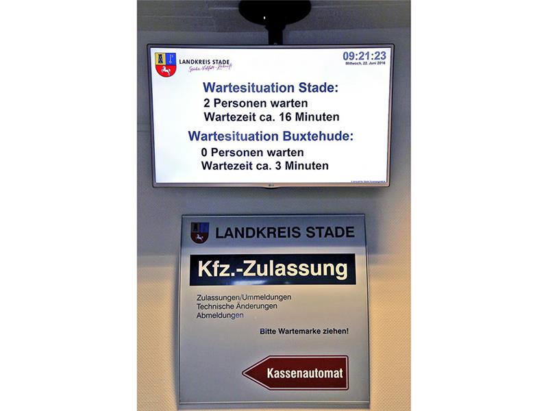 Monitore in den Zulassungsstellen informieren über die aktuellen Wartezeiten in Buxtehude und Stade.