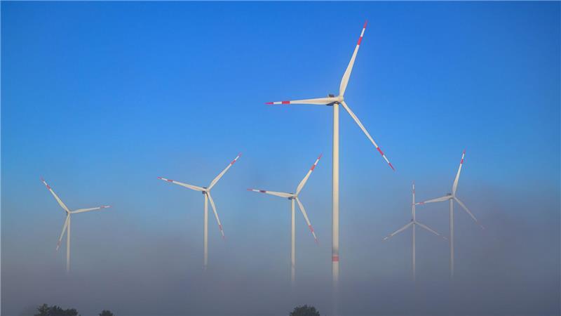 Morgens ragen Windenergieanlagen bei Jacobsdorf aus dem Nebel. 