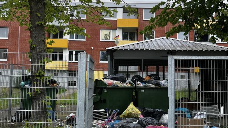 Altländer Viertel in Stade: Am Straßenrand wachsen die Müllberge Müll türmt sich auch rund um die Mülltonnen einer Häuseranlage der dii-Immobilien, die sich im vorläufigen Insolvenzverfahren befindet.