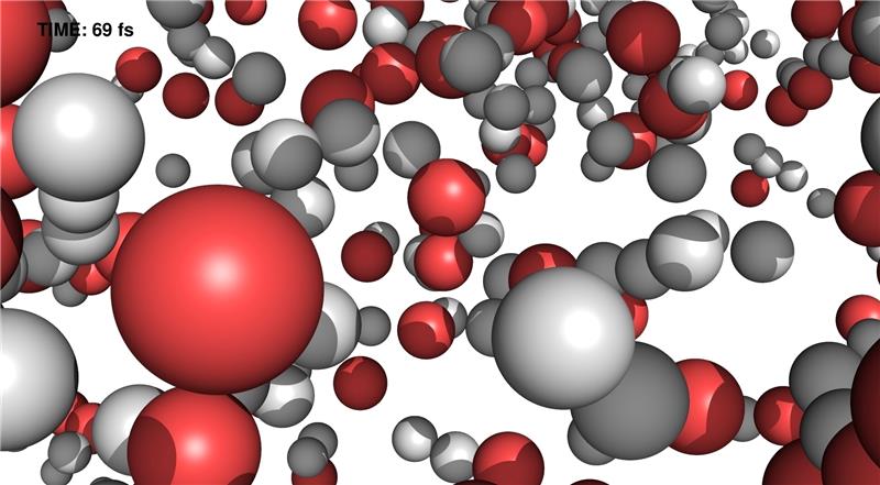Nach 70 billiardstel Sekunden haben sich die Wassermoleküle bereits in Wasserstoff (weiß) und Sauerstoff (rot) getrennt. Foto DESY