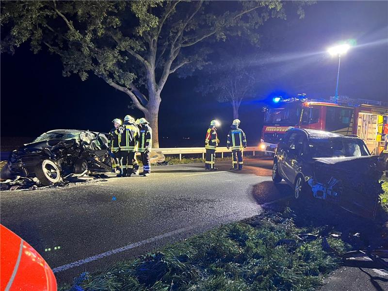 B73: Toter und Schwerverletzter nach Kollision bei Himmelpforten Nach Aussagen von Unfallzeugen war ein Autofahrer in den Gegenverkehr geraten. Foto: Feuerwehr