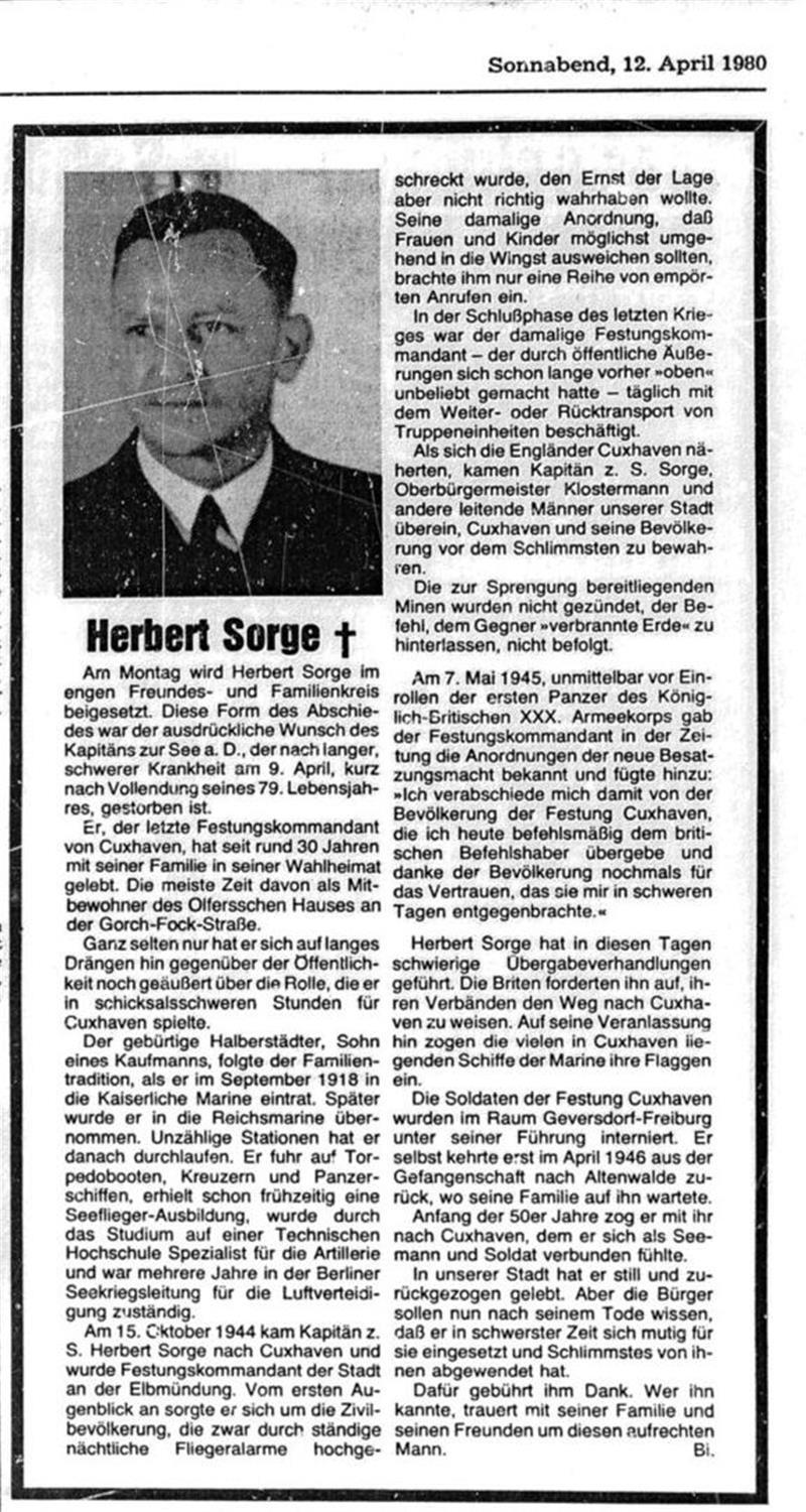 Nachruf auf Herbert Sorge im Jahr 1980 in den CN.
