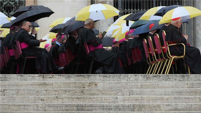 Nasse Segensstunde: Geistliche mit Schirmen bei Papst Leo XIV.“