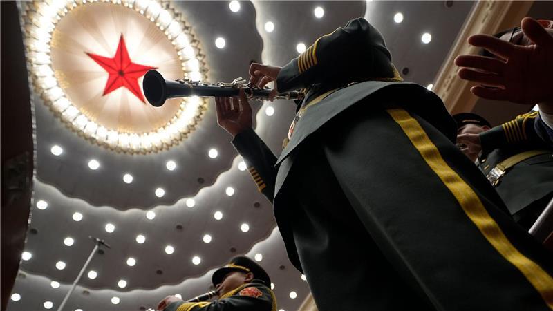 Nationaler Volkskongress in China: Mitglieder der chinesischen Militärkapelle proben vor der Abschlusszeremonie.