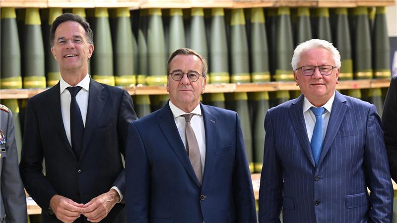 Nato-Generalsekretär Mark Rutte, Verteidigungsminister Boris Pistorius und Rheinmetall-Chef Armin Papperger.