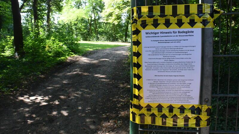 Nicht zu übersehen: Am Zugang zum Hemmoorer See hinter dem Schwimmbad wird über das Algenwachstum informiert.