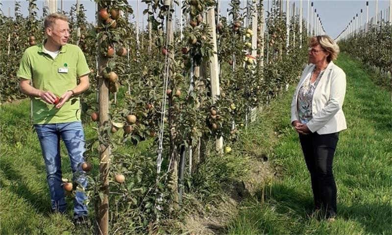 Niedersachsens Ministerin für Ernährung, Landwirtschaft und Verbraucherschutz Barbara Otte-Kinast im Gespräch mit Bio-Obstbauer Cord Lefers.