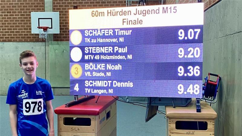 VfL Stade holt drei Medaillen bei Landesmeisterschaft in Hannover Noah Bölke lief über 60 Meter Hürden auf Platz drei.