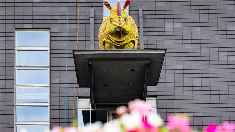 Nashornskulptur kehrt auf das Flensburger Rathaus zurück Nun wacht die Skulptur mit den vielen Augen wieder über die Stadt(verwaltung).