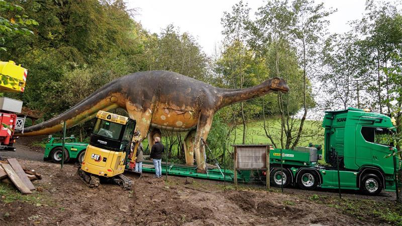 Tonnenschwere Dinosaurier-Lady zieht um Nur zu Beginn der Fahrt wird es wegen des weichen Untergrunds schwierig.