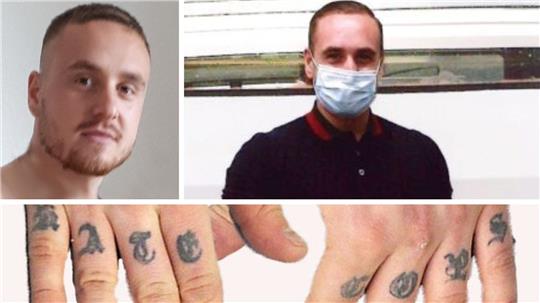 Oben: Johann G.. Unten: Die Tätowierungen auf seinen Fingergelenken. Fotos: Polizei