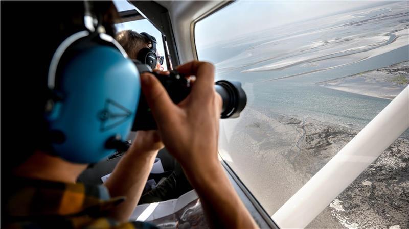 Ole Stejskal vom Niedersächsischen Landesamt für Verbraucherschutz und Lebensmittelsicherheit (Laves) fotografiert Seehunde aus dem Flugzeug heraus.