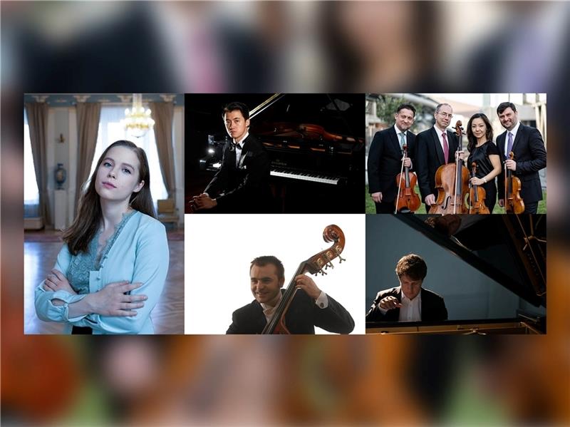 Onute Grazinyte (ganz links), Haiou Zhang (von links oben nach links unten), das Hába Quartett , Till Hoffmann und Ioan Cristian Braica geben ein gemeinsames Kammerkonzert auf der Halepaghen-Bühne. Fotos: Onute Grazinyte / Reto Klar/archiv-