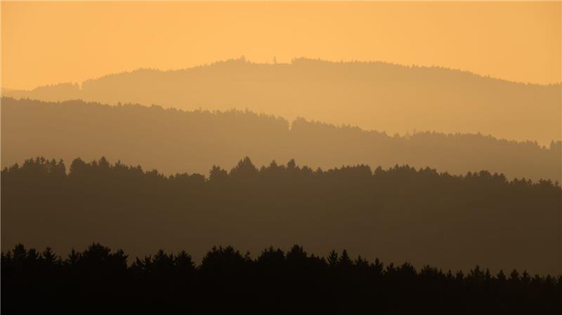 Bilder des Tages Orangefarbenes Morgenlicht über den Wäldern des Schwarzwalds.