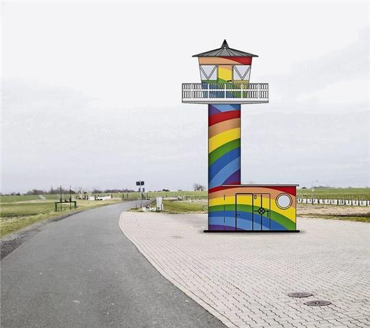 Originell, aber nicht erlaubt: ein Leuchtturm mit bunten Streifen im Kutterhafen von Spieka-Neufeld. Foto/Montage: Leuschner/Gausmann