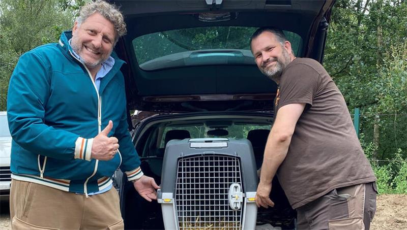 Aufruf: Das fehlt dem im Kreis Stade gefangenen Känguru jetzt noch Parkinhaber Dr. Fabrizio Sepe (l.) und Tierparkinspektor Oliver Kant laden die Transportbox mit dem Känguru in Hodenhagen aus.