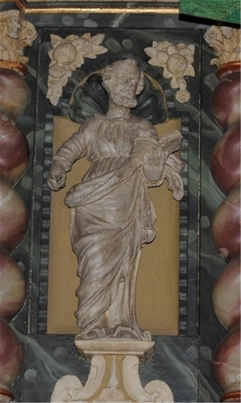 Petrus ohne Schlüssel an der Kanzel von 1673/1674.