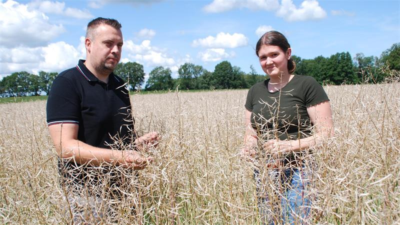 Philip Stallbohm und Landwirtin Lea Eckhoff begutachten den Totalschaden vom Rapsfeld in Kammerbusch.