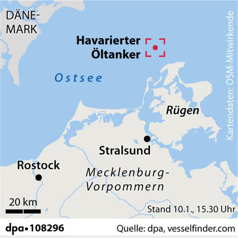 Position des havarierten Öltankers vor Rügen.