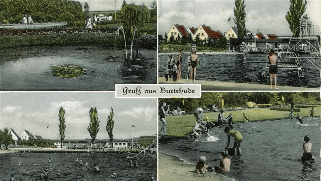 Postkarte von 1959 mit dem Thema Heidebad in Buxtehude