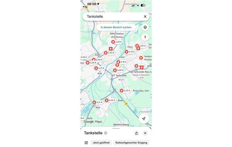 Praktisch: Tankstellenpreise in der Umgebung werden in der Google Maps-App angezeigt.
