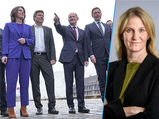 Redakteurin Kerstin Münstermann (rechts) kommentiert den Koalitionsvertrag der Parteispitzen um Annalena Baerbock (von links), Robert Habeck (beide Grüne), Olaf Scholz (SPD) und Christina Lindner (FDP). Foto: Michael Kappeler/dpa