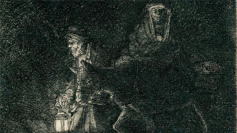 Joseph wandert mit einer Laterne in der Hand durch das tiefe Dunkel der Nacht, mit Maria auf dem voll bepackten Esel reitend