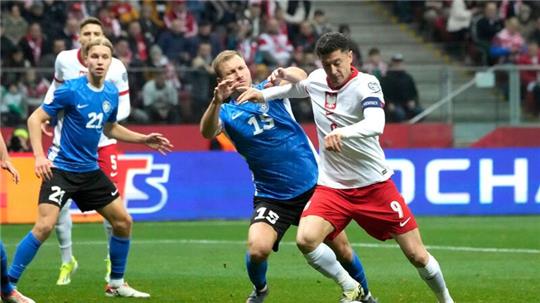 Robert Lewandowski (r) hat mit Polen das Playoff-Finale erreicht.