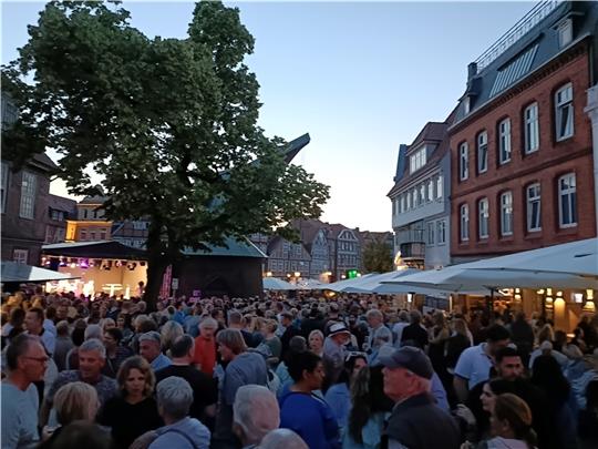 Rockige Musik, ein lauer Frühsommerabend und Feierlaune: Der Platz am Fischmarkt war am Sonnabend beim Altstadtfest voller Menschen. Fotos: Bisping