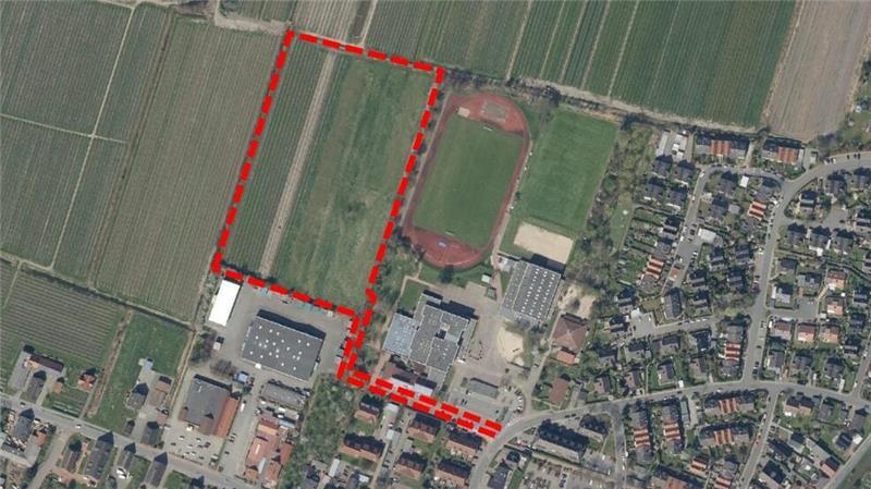 Rot umrandet: Geltungsbereich des Bebauungsplans „Grundschule am Schulzentrum“ in Jork westlich des Sportanlagen.