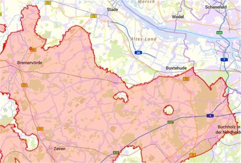 Rote Gebiete in Niedersachsen, hier ein Ausschnitt, der alle Gebiete im Landkreis Stade umfasst.