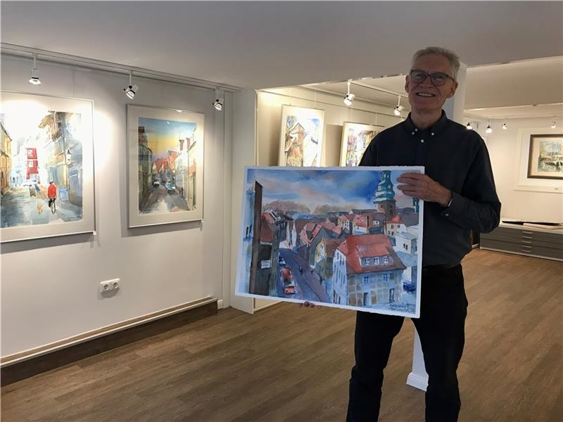 Rüdiger Munderloh zeigt derzeit seine Aquarelle mit Stader Motiven.