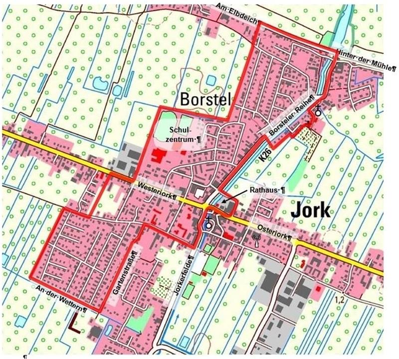 Rund 1000 Haushalte sollen ab Herbst 2020 vom integrierten energetischen Quartierskonzept „Jork-Mitte“ profitieren. Karte: Gemeinde Jork
