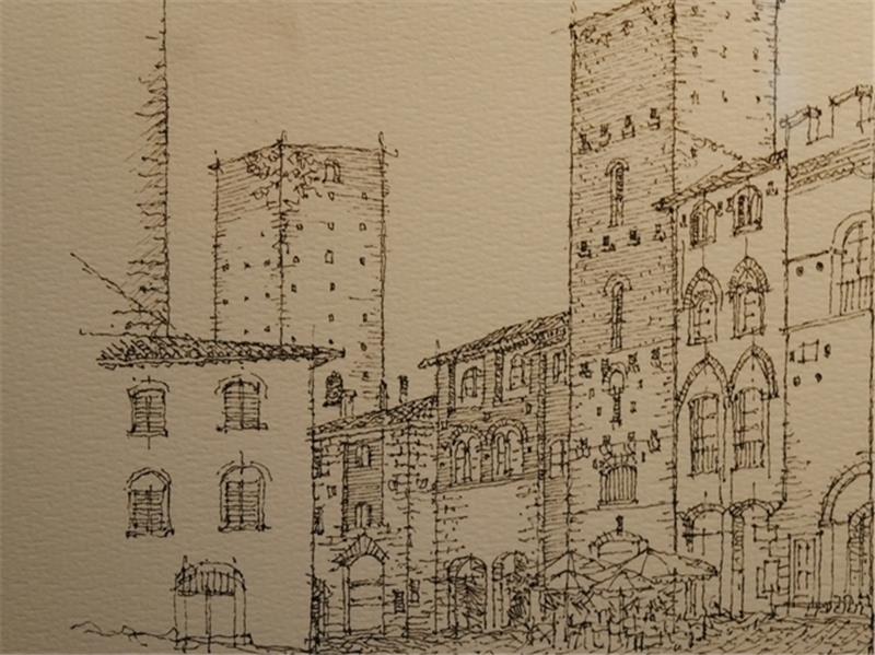 San Gimignano – gezeichnet von Claus Kurzweg. Foto Vasel