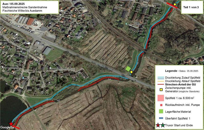 Aue leidet unter Verstopfung: Warum 6500 Kubikmeter Sand rausmüssen Sandentnahme-Abschnitt I - zwischen Fisch Wilke und Auedamm.