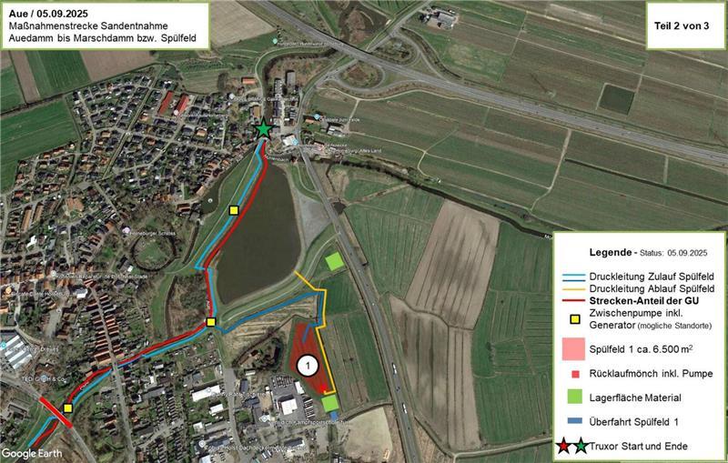 Aue leidet unter Verstopfung: Warum 6500 Kubikmeter Sand rausmüssen Sandentnahme-Abschnitt II - zwischen Auedamm und Marschdamm.