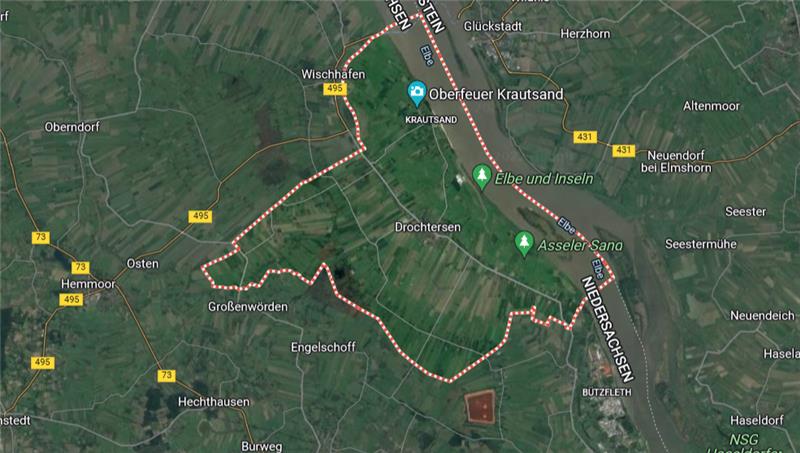Satelliten-Ansicht der Gemeinde Drochtersen. Dazu gehören seit 1972 auch Assel, Barnkrug, Wethe, Ritsch sowie Ritschermoor und Asselermoor. Screenshot: Google Maps