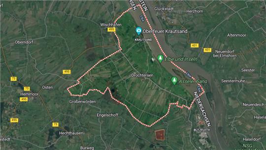 Satelliten-Ansicht der Gemeinde Drochtersen. Dazu gehören seit 1972 auch Assel, Barnkrug, Wethe, Ritsch sowie Ritschermoor und Asselermoor. Screenshot: Google Maps