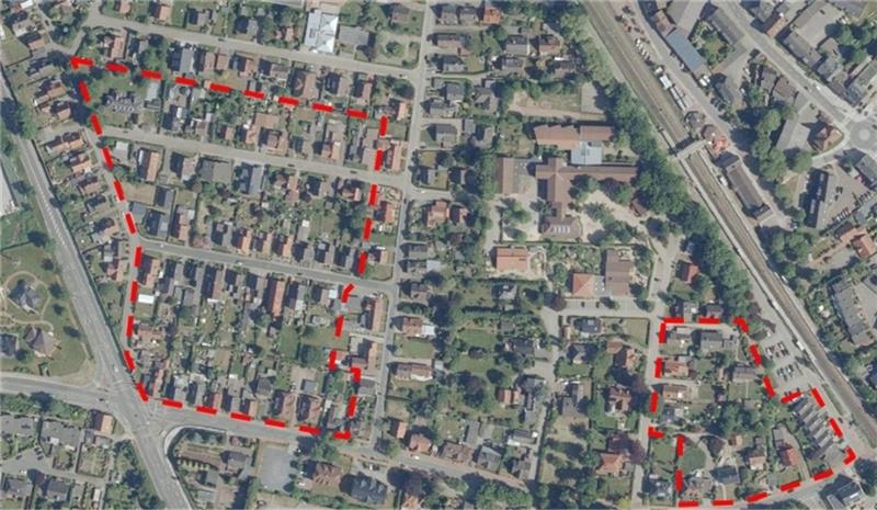 Satellitenbild mit der Abgrenzung des Bebauungsplans Nr. 32B „Nördlich Issendorfer Straße in Horneburg. Foto: LGLn /Bearbeitung: Planungsbüro Cappel und Kranzhoff