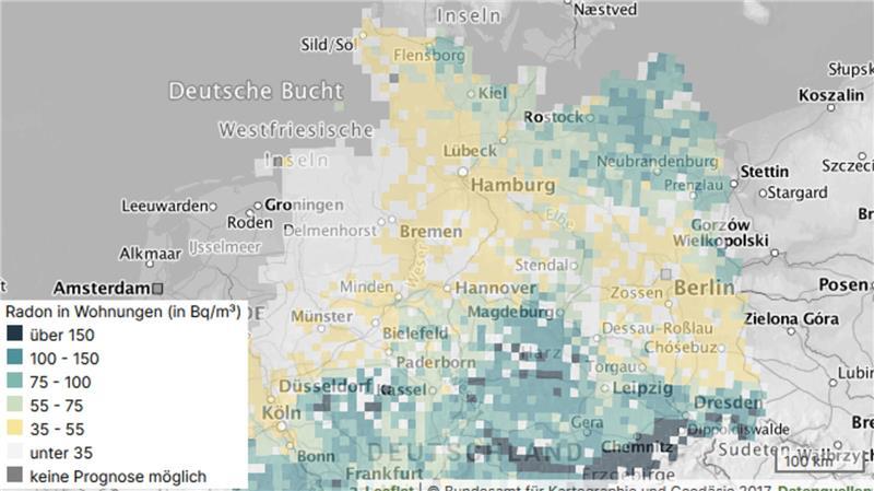 Schätzung der durchschnittlichen Radon-Aktivitätskonzentration in der Raumluft, der Einwohner*innen einer Gemeinde in ihren Wohnungen ausgesetzt sind, in Becquerel pro Kubikmeter (Bq/m³). Quelle: Bundesamt für Strahlenschutz 
