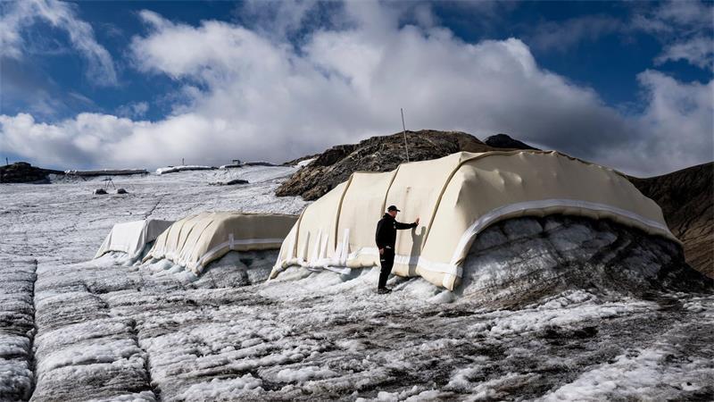 Schafswolle als Schmelzschutz: Mit Decken sind Bereiche des Tsanfleurongletschers im Schweizer Kanton Wallis abgedeckt.
