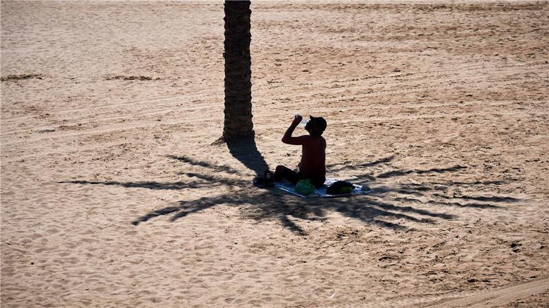 Bilder des Tages Schattenspiel: Ein Mann nutzt den Schatten einer Palme, während er an einem heißen Tag am Strand von Barcelona Wasser trinkt.