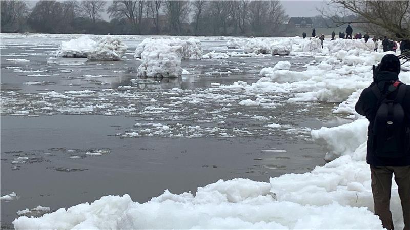 Schaulustige gucken sich die Eisschollen auf der Elbe an. 