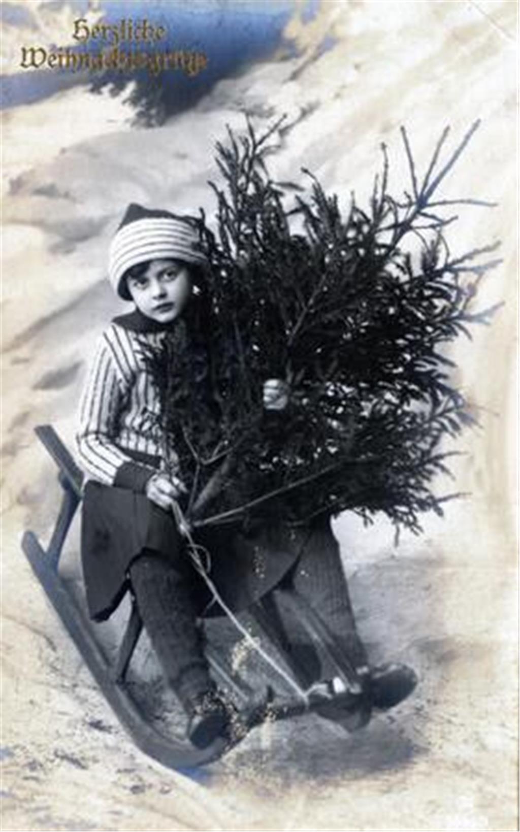 Schlittenfahrt mit Baum: abgestempelt am 21. Dezember 1918.