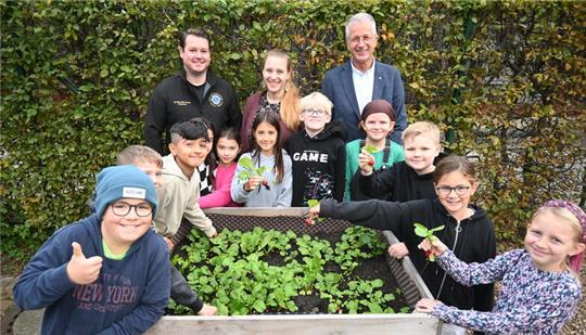 Schüler der Grundschule Guderhandviertel ernten Radieschen aus ihrer Gemüse-, Kräuter und Obst-Pflanzkiste auf dem Schulhof.