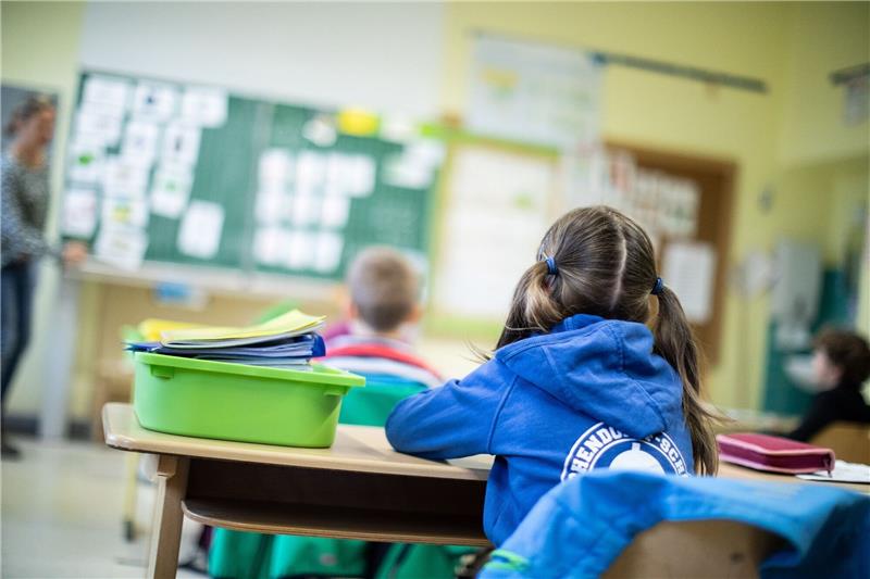 Schülerinnen und Schüler einer Grundschule sitzen in ihrem Klassenraum.