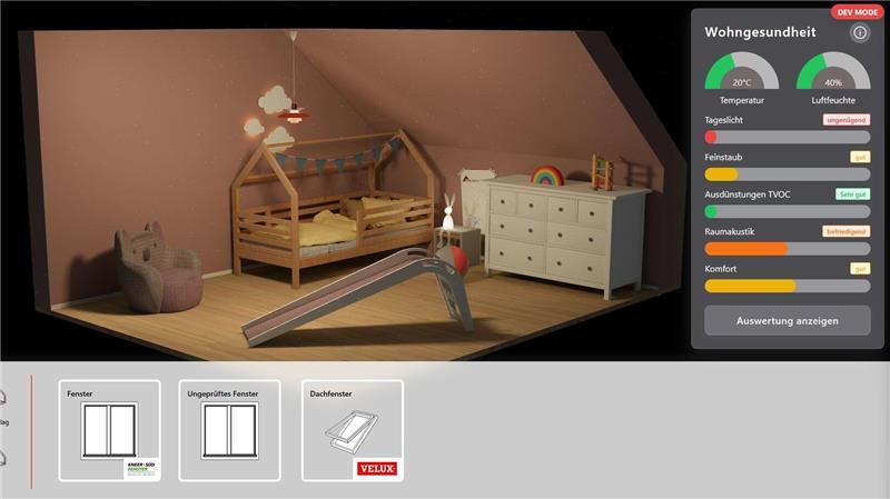 Screenshot des Mittelstädt-Tools: Die Skala zeigt die Faktoren für Wohngesundheit im fensterlosen Kinderzimmer an.